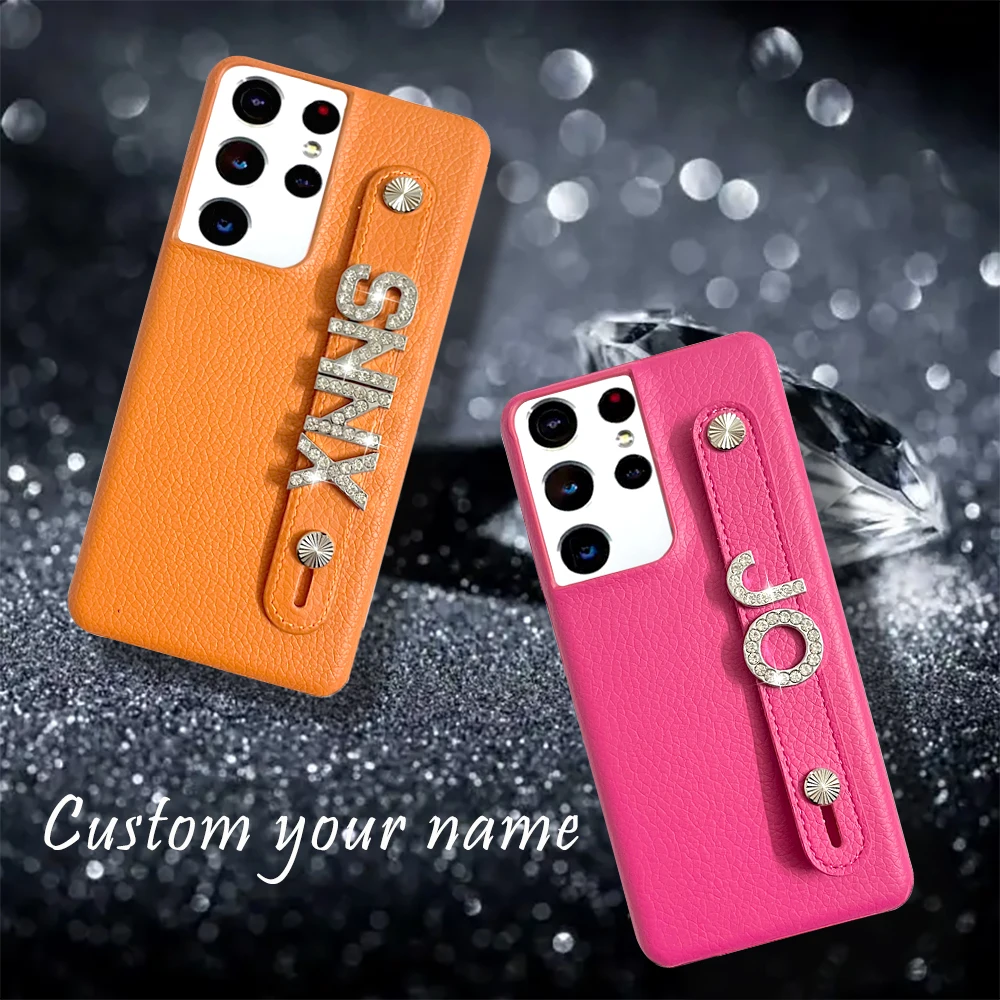 Luxury Custom Name Cover Personalised Diamond Alphabet Strap Leather Phone Case For Samsung S22 S23 S21 S25 Fe Note20 Ultra Plus