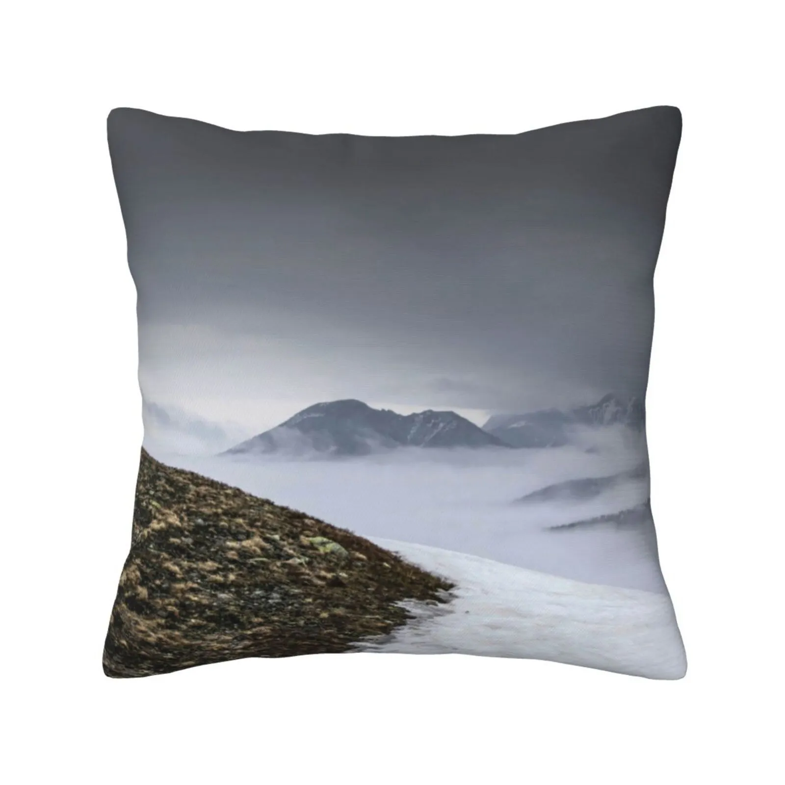 Dark Mountain Landscape. Snowy Mountains In The Deep Fog. No Man'S Land Funny Cute Decor Square Pillowcase Cold Stone Park