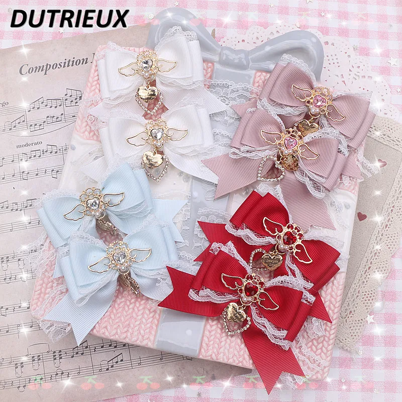 Handmade Japanese Sweet Cute Wings Rhinestone Love Butterfly Hair Clip Lolita Lace Barrettes Pair of Hairclips Hair Accessories