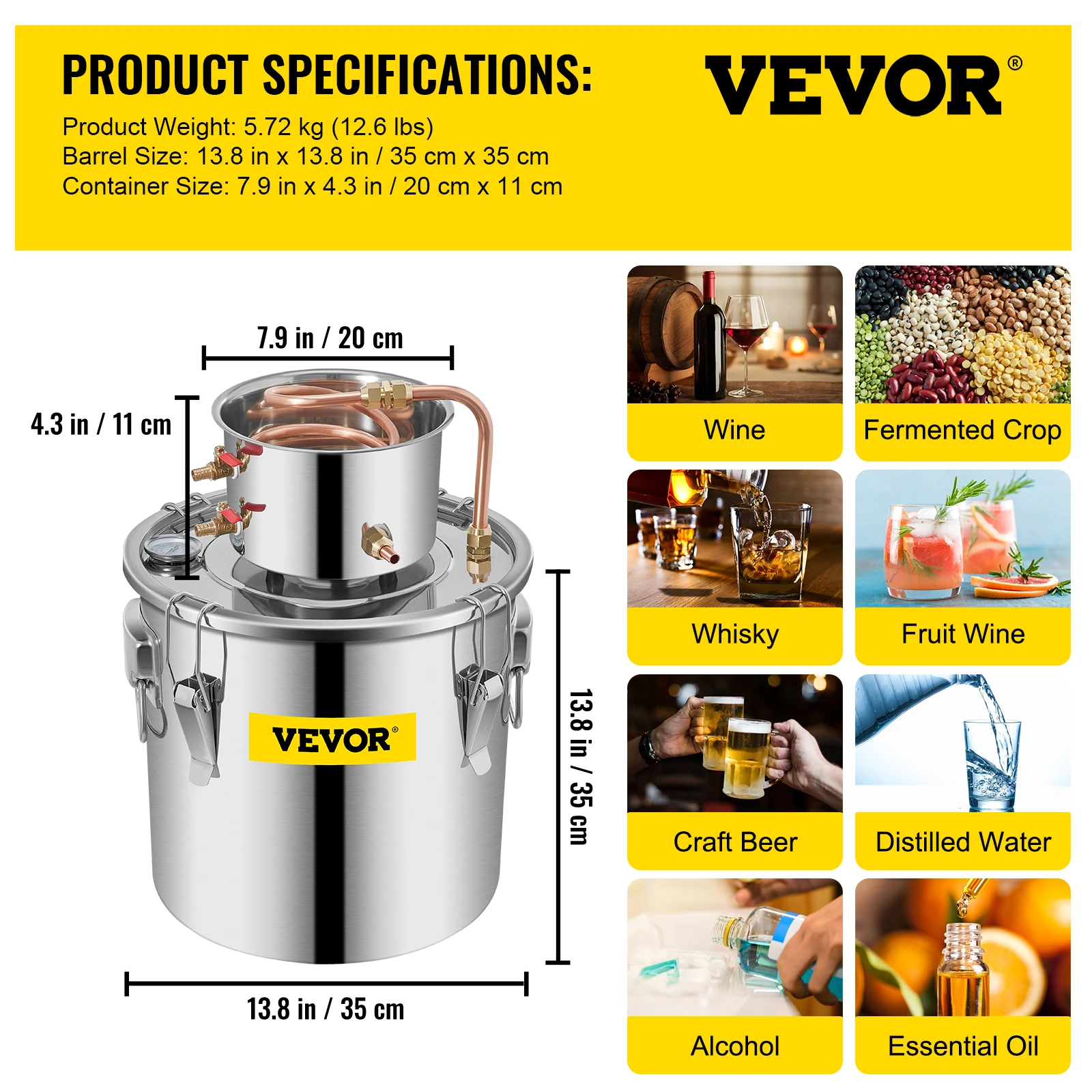 SucceBuy 3 5 8 13 Gal Alcohol Nog Roestvrij Staal Alcohol Distilleerder Koperen Buis Thuis Brouwen Kit voor DIY Whisky Wijn
