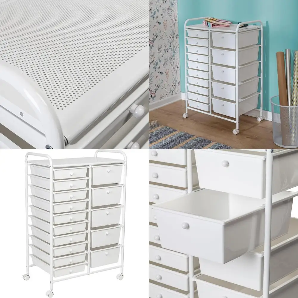 

Мобильная тележка-органайзер на 15 ящиков из стали, белая, сверхпрочная, многофункциональная, на колесах, для дома, офиса, школы