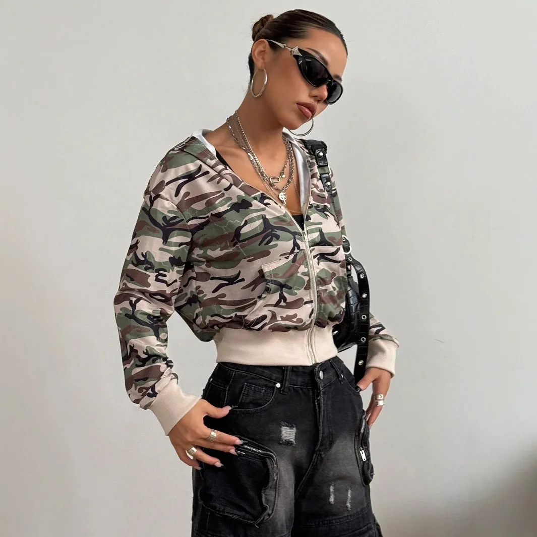 American European New Fashion Women's Slim Casual Trendy Camouflage Long Sleeve Zipper Hooded Cardigans Female Coats Jacket Top