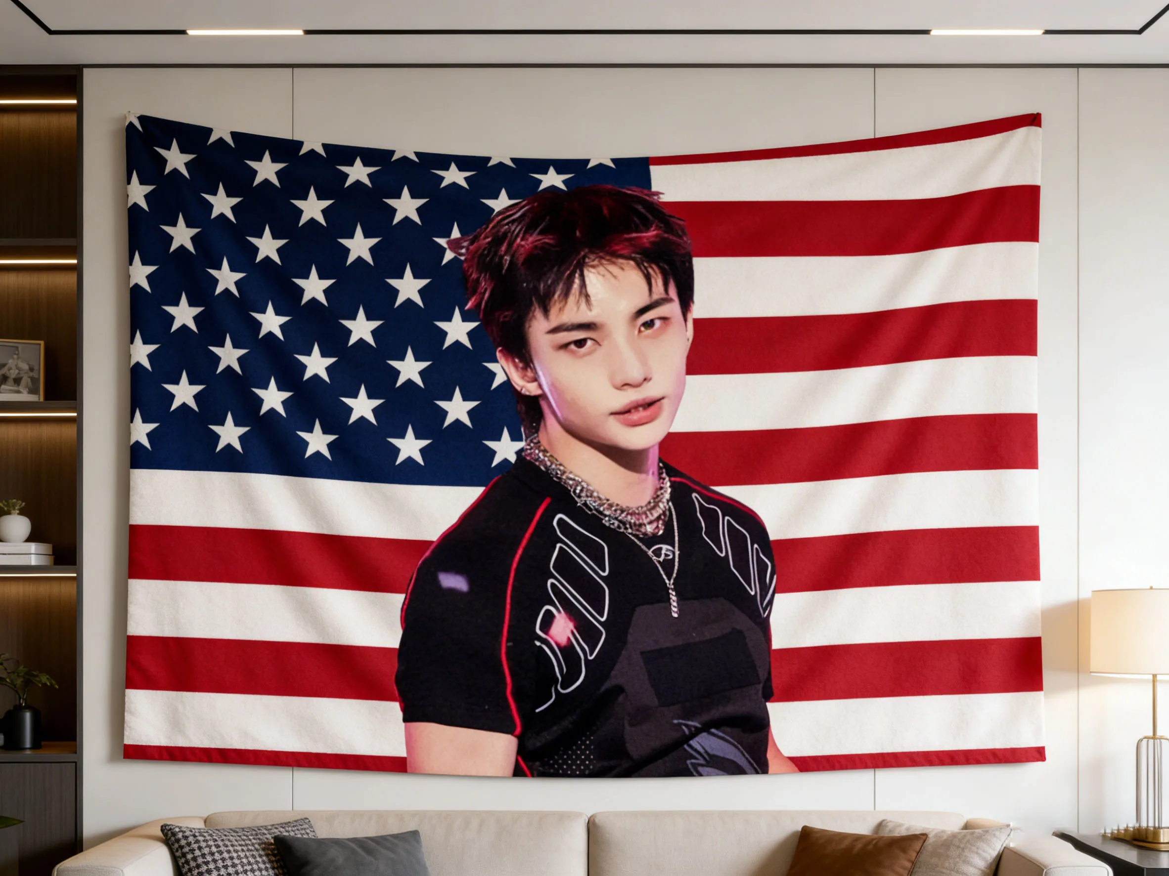 K-pop Hyunjin American Flag Tapestry For Fans Perfect Gift for Hyunjin Fans Suitable For Bedroom Aesthetic Wall Hanging Decor