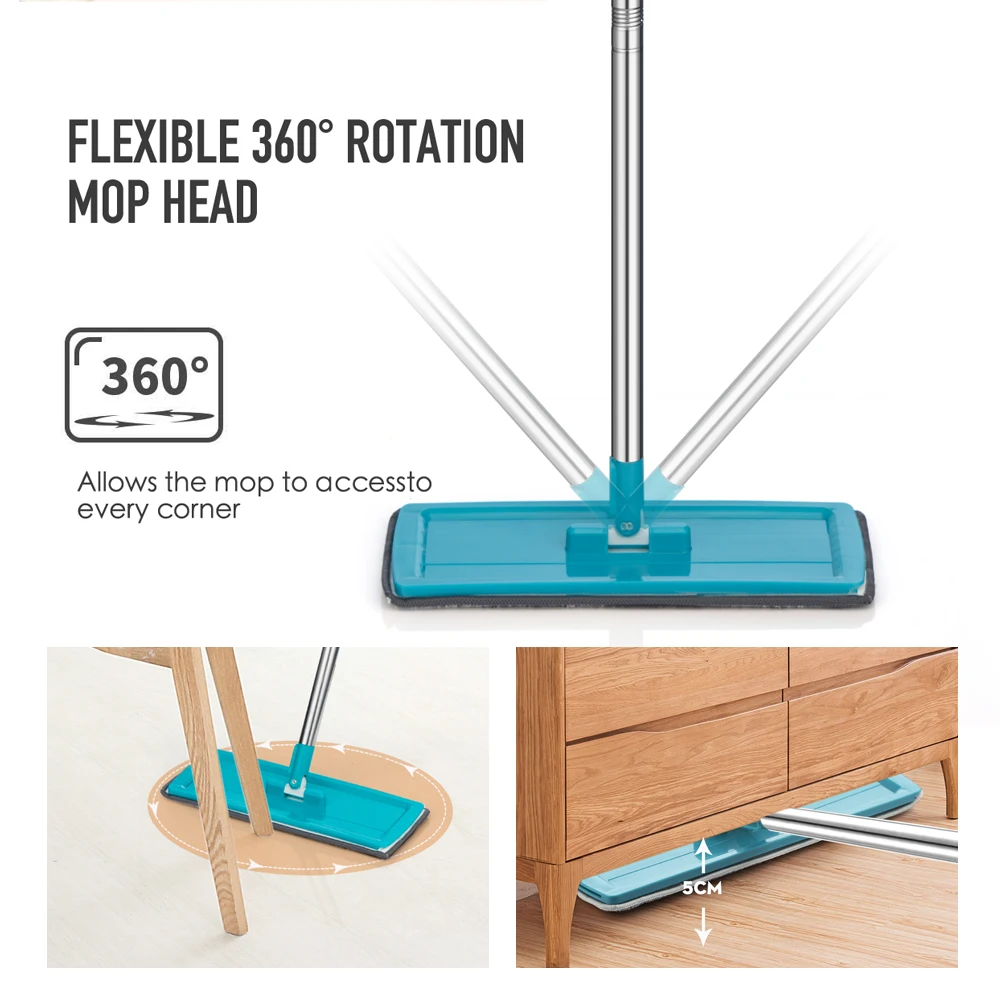 Flat Squeeze Mop with Spin Bucket Hand Free Wringing Floor Cleaning Microfiber Mop Pads Wet or Dry Usage on Hardwood Laminate