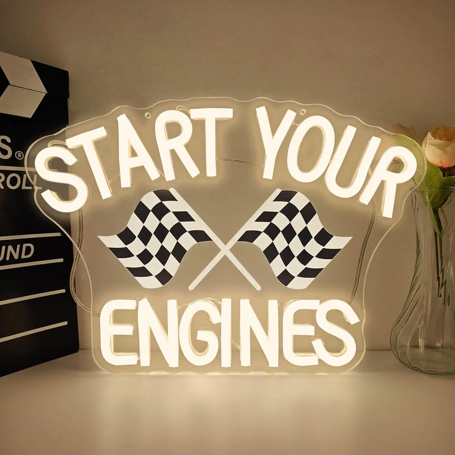 Start Your Engines Neon Sign USB Dimmable LED Neon Light for Racing Party Race Car Room Garage Classroom Wall Decoration Gifts