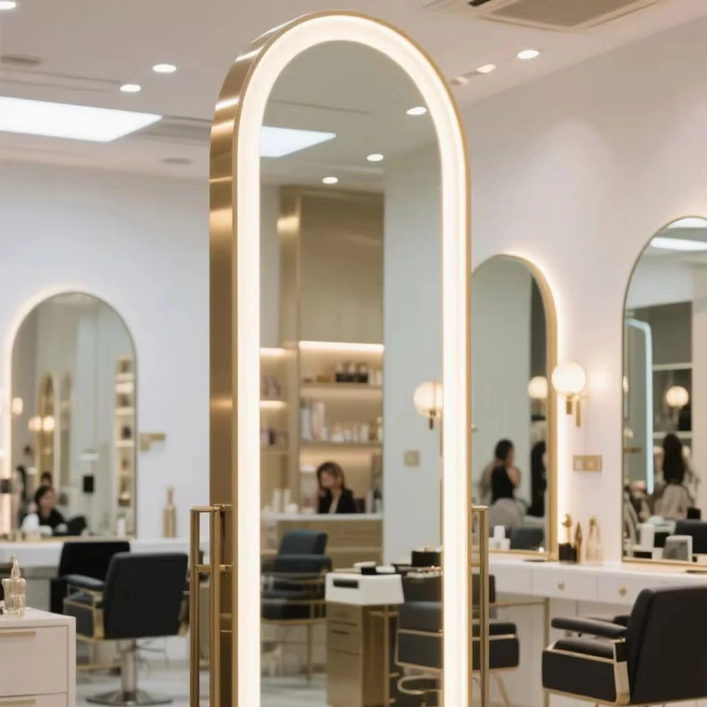 

double sided mirrors for hair salon led furniture set luxury Double-sided full-length mirror, standing type, gold