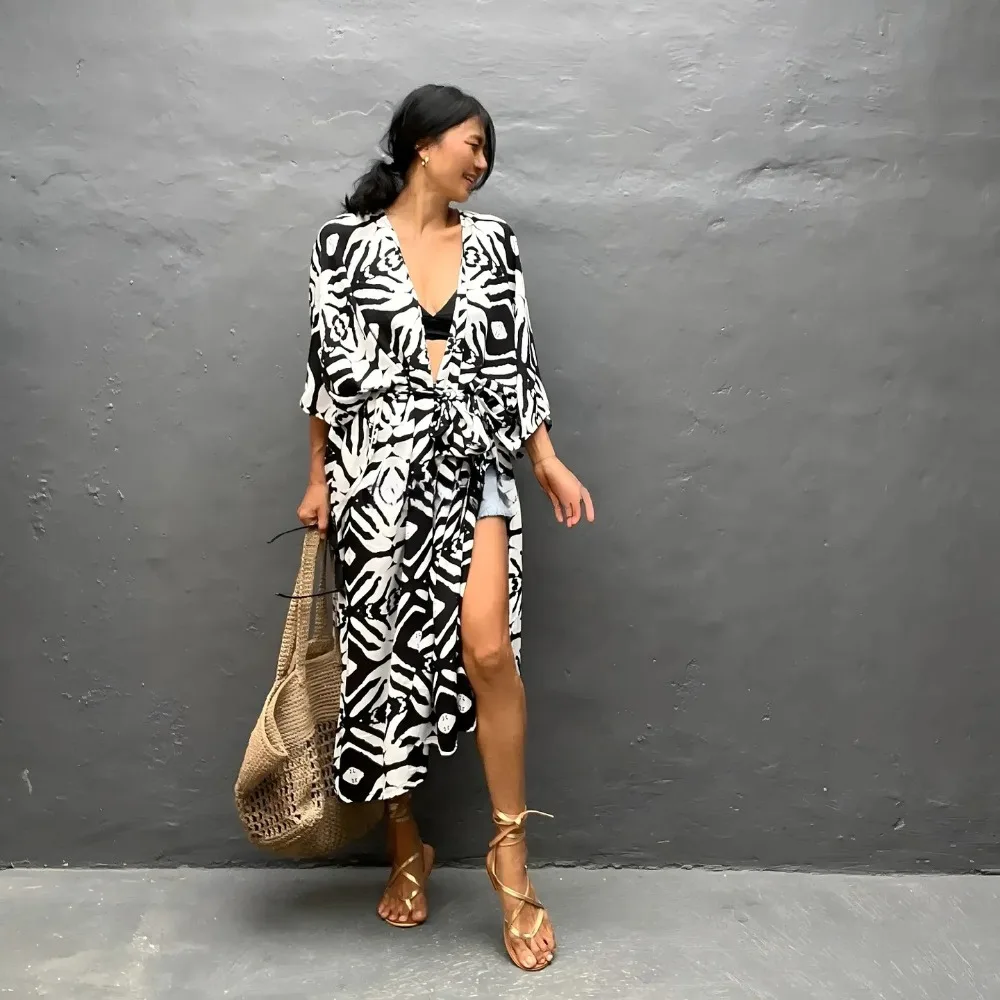 Fashion Boho Bikini Cover-ups Zebra Print Open Front Loose Maxi Dress Oversized Sunscreen Shawl For Women