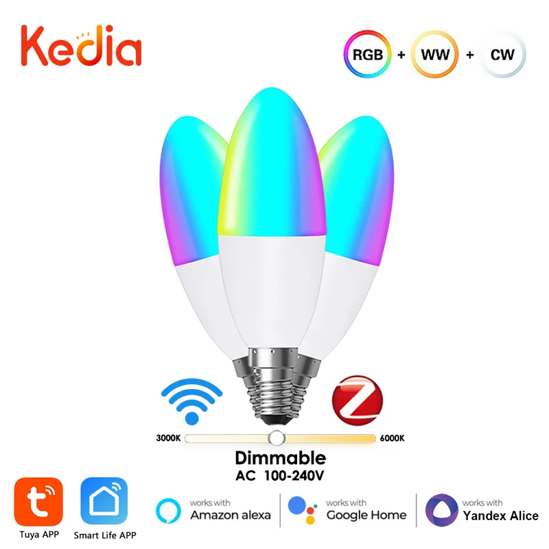 Kedia Tuya E14 Smart ZigBee Bohlam Lampu Lilin WiFi Bohlam Lampu Eropa RGB LED Lampu WW Via Smart Life Alexa Google Home Alice