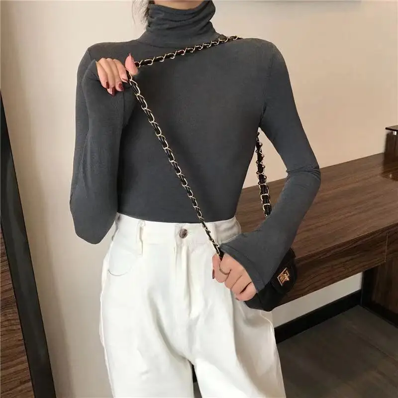 Camiseta larga Sve con forro de Fce y cuello alto para mujer, ropa interior, Top blanco de Color puro para ir al trabajo en otoño e invierno