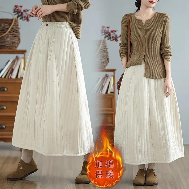 Japanese White Quilted Skirt for Women | Retro Loose Thick Warm Cotton Casual Skirt | Autumn Winter New Arrival A336