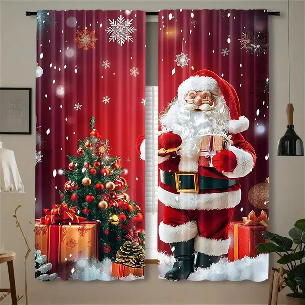 2pcs Set Of Santa Claus Christmas Curtains-Digital Print,RodPocket Design,Polyester - Perfect For Living Room,Kitchen,Bedroom