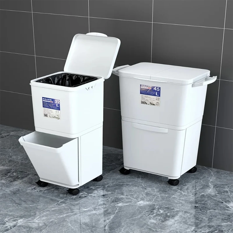 Heavy Duty Recycling Bins for Home Office Use Tall Motion Sensor Trash Can, 30L Dual Compartment Kitchen Bin with Lid & Wheels,