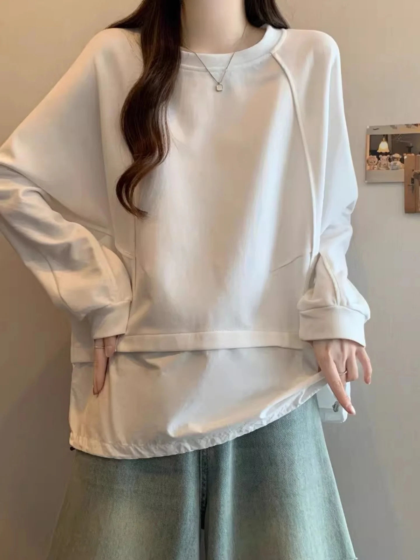 

Ele White Long Sve Hoodie Women's Loose Tummy Covering Faionable Spring 2026 plus Size Comfortable Casual Top