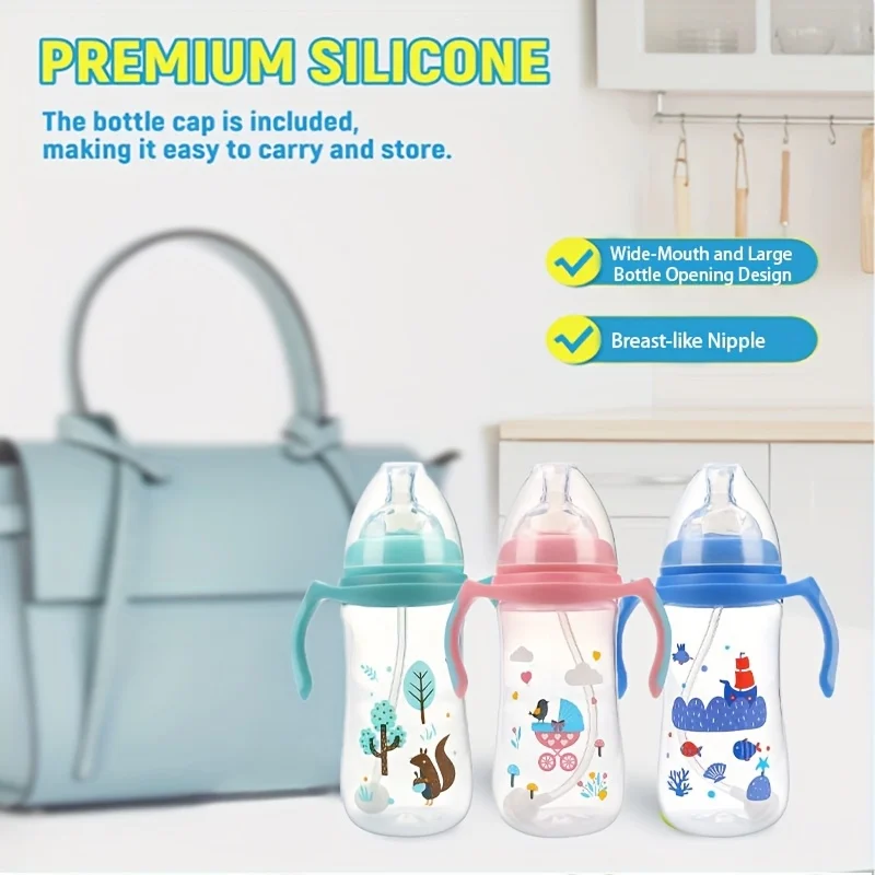 2pcs/1pc 300ML Baby Bottle with Handle, Formula Feeding Straw Bottle, Easy to Grip Design, Suitable for Baby'S Little Hands
