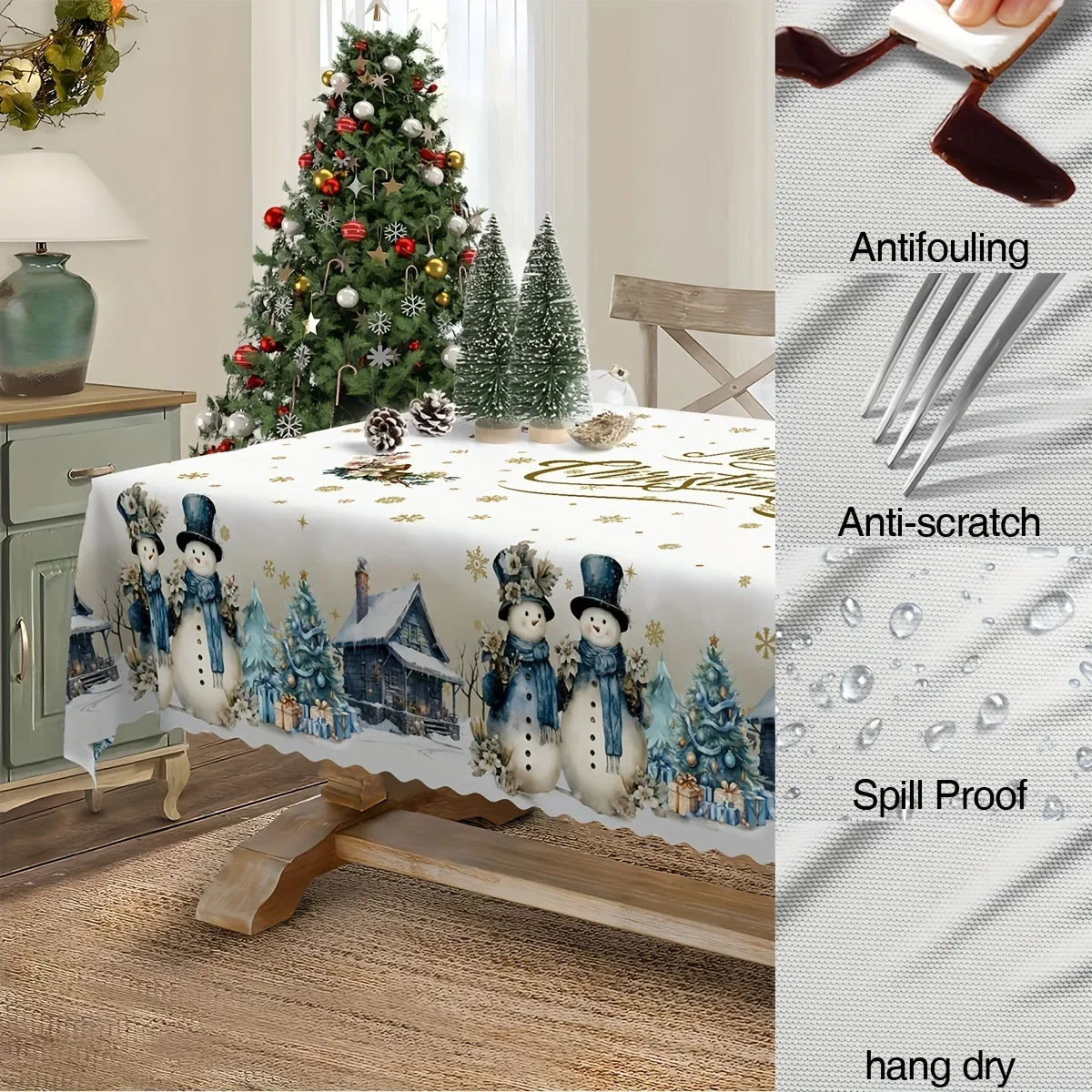 Christmas Snowman Golden Snowflake Waterproof Tablecloth Holiday Party Decor Xmas Tree Rectangle Table Cloth for Table Decor