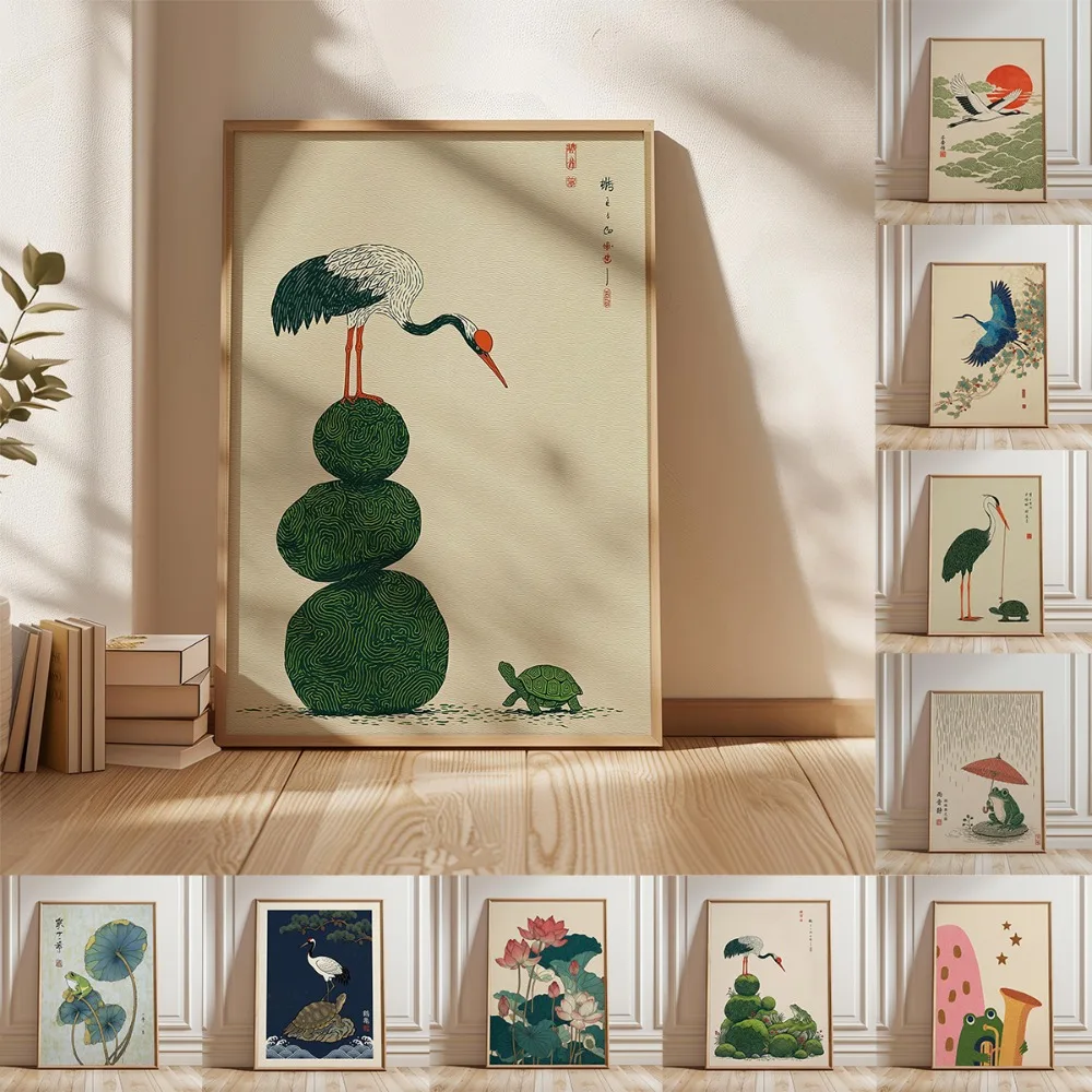 Frameless,Crane Turtle Wall Art Print,Japanese Symbol Poster,Retro Natural Landscape Pictures,Living Room Bedroom Wall Art Decor