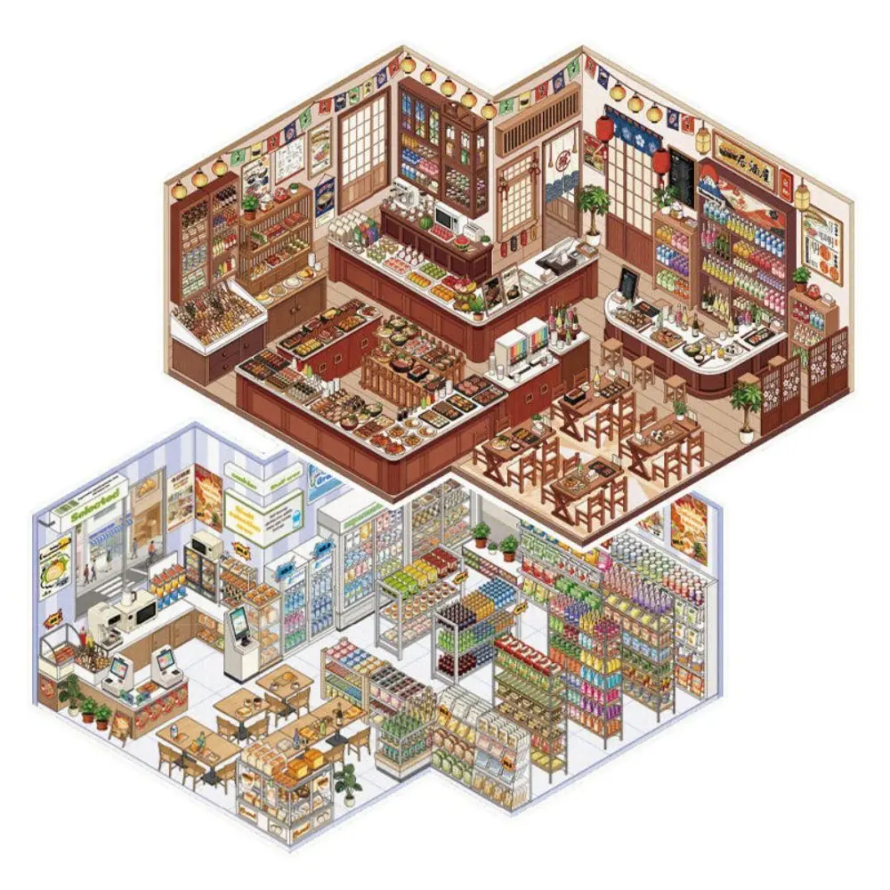 New Convenience Store Series Miniature Landscape Sticker PET Large Size Cabin Scene Sticker DIY Gift 3D Landscape Sticker