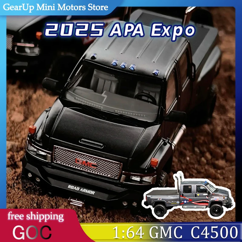 

GOC 1:64 GMC Top Kick C4500 APA XPO 2025 Foshan Modified Expo in Matte Black Shark Mouth Livery Alloy American Truck Collectible