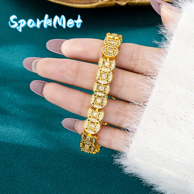 

Sparkmet Diamond-Studded Hollow Copper Coin Bracelet Women's 24K Gold AU999 - Pure gold diamond-studded coin chain, prosperity m