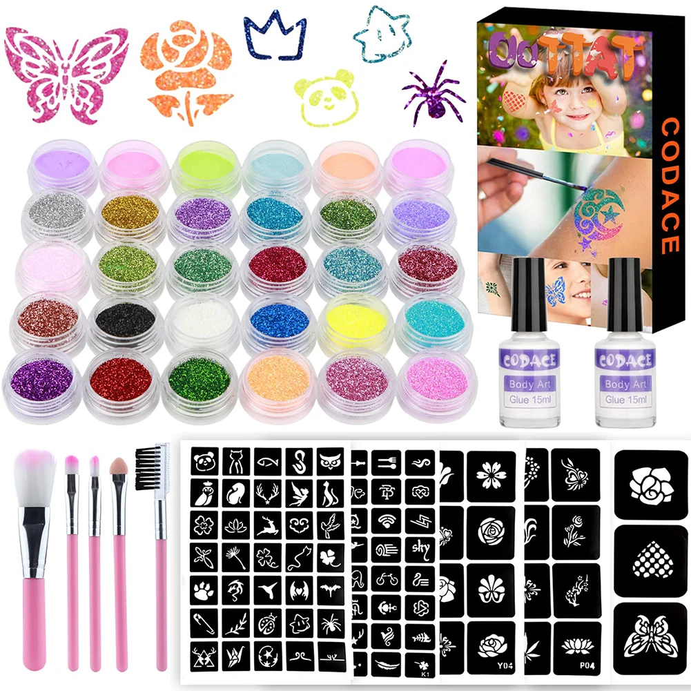 30 Colors Diamond Glitter Art Charm Luminous Tattoo Set Glitter Powder Sticker Makeup Brush Temporary Tattoo Set For Women Kids