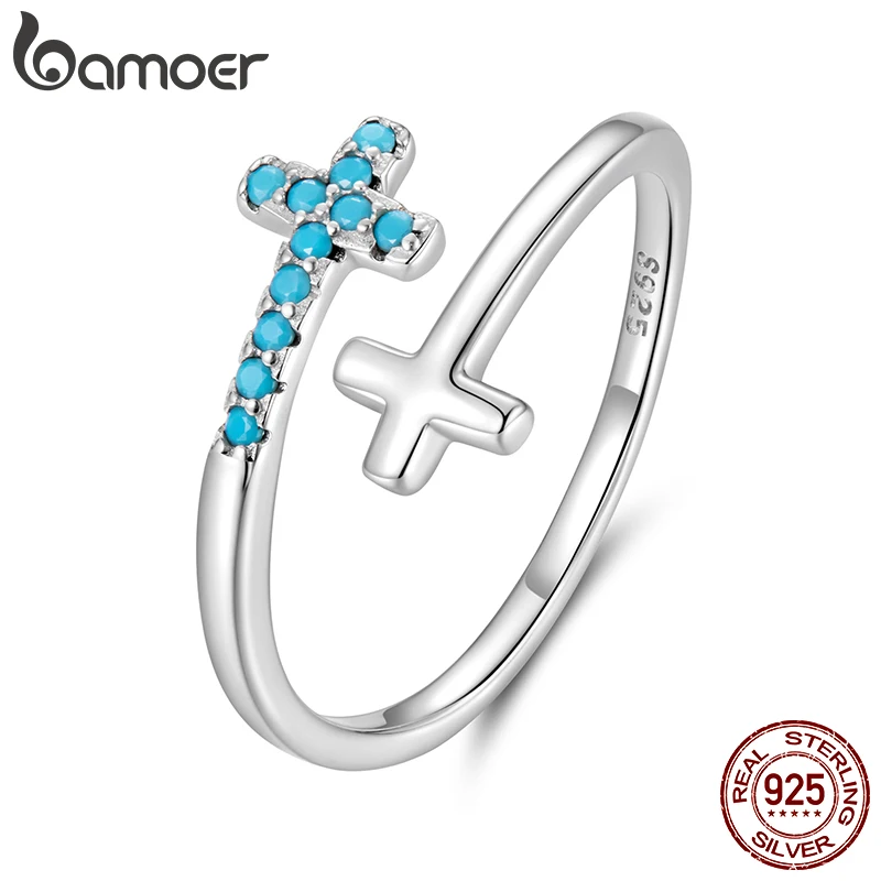 

Bamoer 100% стерлингового серебра 925 пробы, открытое кольцо с крестом, синтетическое бирюзовое регулируемое кольцо с христианской веррой для большого пальца для женщин, ювелирные изделия, подарок