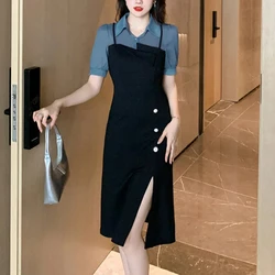Summer New Miniature Design Feel Spliced French Hepburn Style Dress Women's Panelled Lapel Patchwork Button Waist Split Dresses