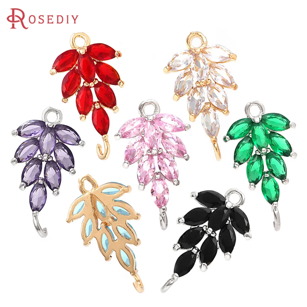 6PCS 18K Gold Color Brass Zircon 2 Holes Tree Leaf Leaves Connect Charms Pendants Necklace Earrings High Quality Diy Accessories