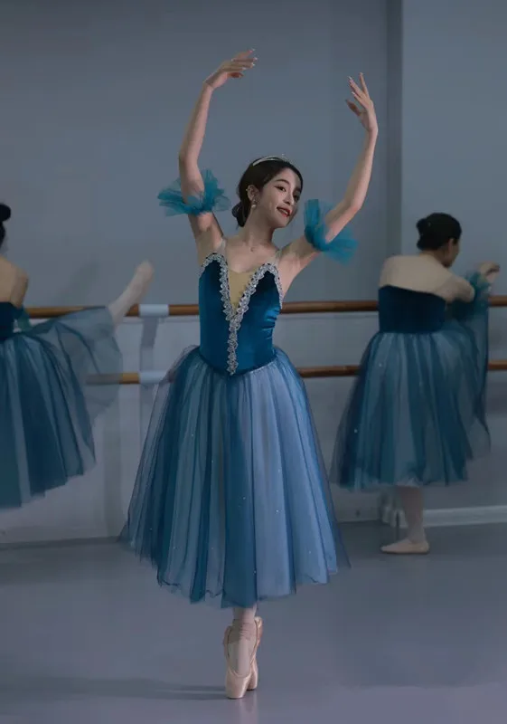 Professional Ballet Long Skirts Blue Dancing Costumes Party Dresses Stage Performance Dance Wear Ballet Leotard For Women