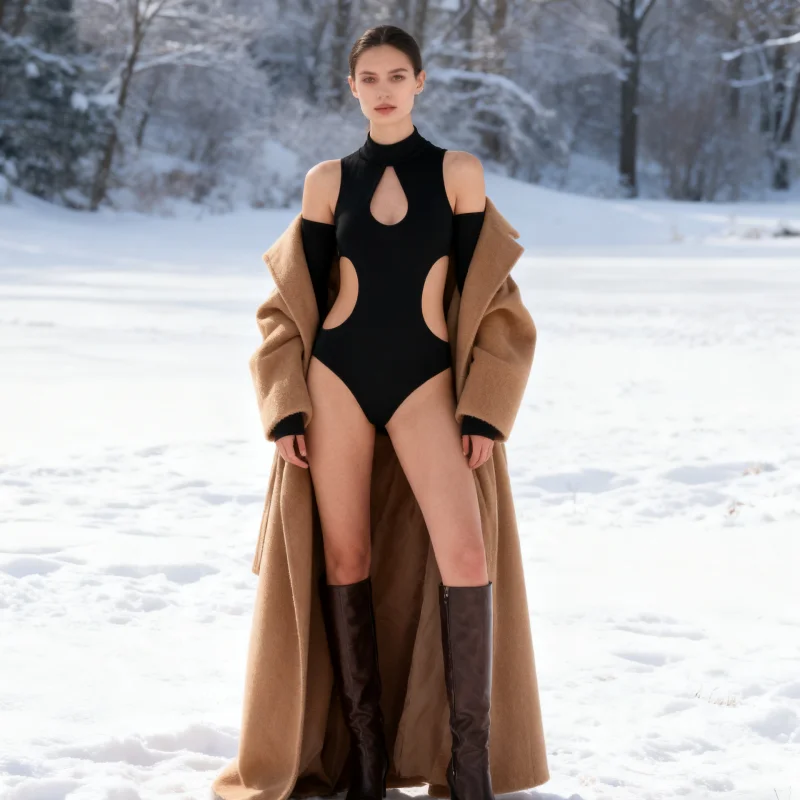 

Сексуальный цельный женский топ с открытыми плечами, вырезом, облегающим, полувысоким воротником и раздельными рукавами осенью 2023 года.