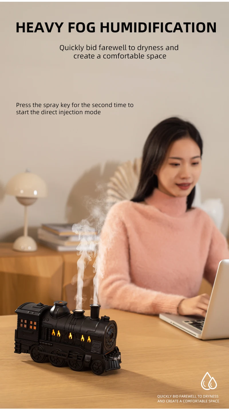 Creative Vintage Train Locomotive Air Humidifier Aromatherapy Diffuser Sprayer with Jellyfish Smoke Ring /Essential Oil Set