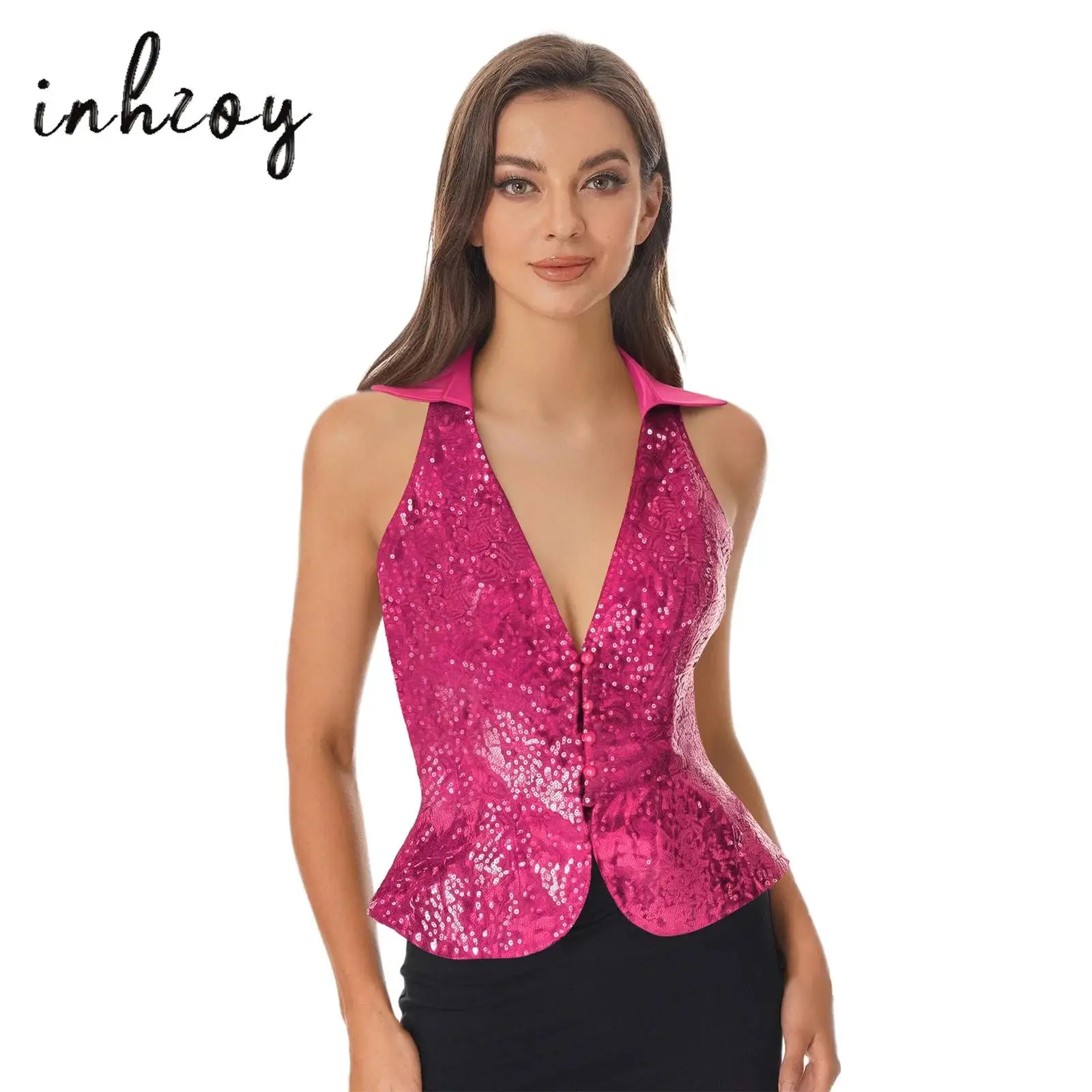 

Womens Vest Tops Sparkly Sequin Solid Color Lapel Sleeveless Blazer Suit for Themed Party Banquet Nightclub Jazz Disco Dance Top