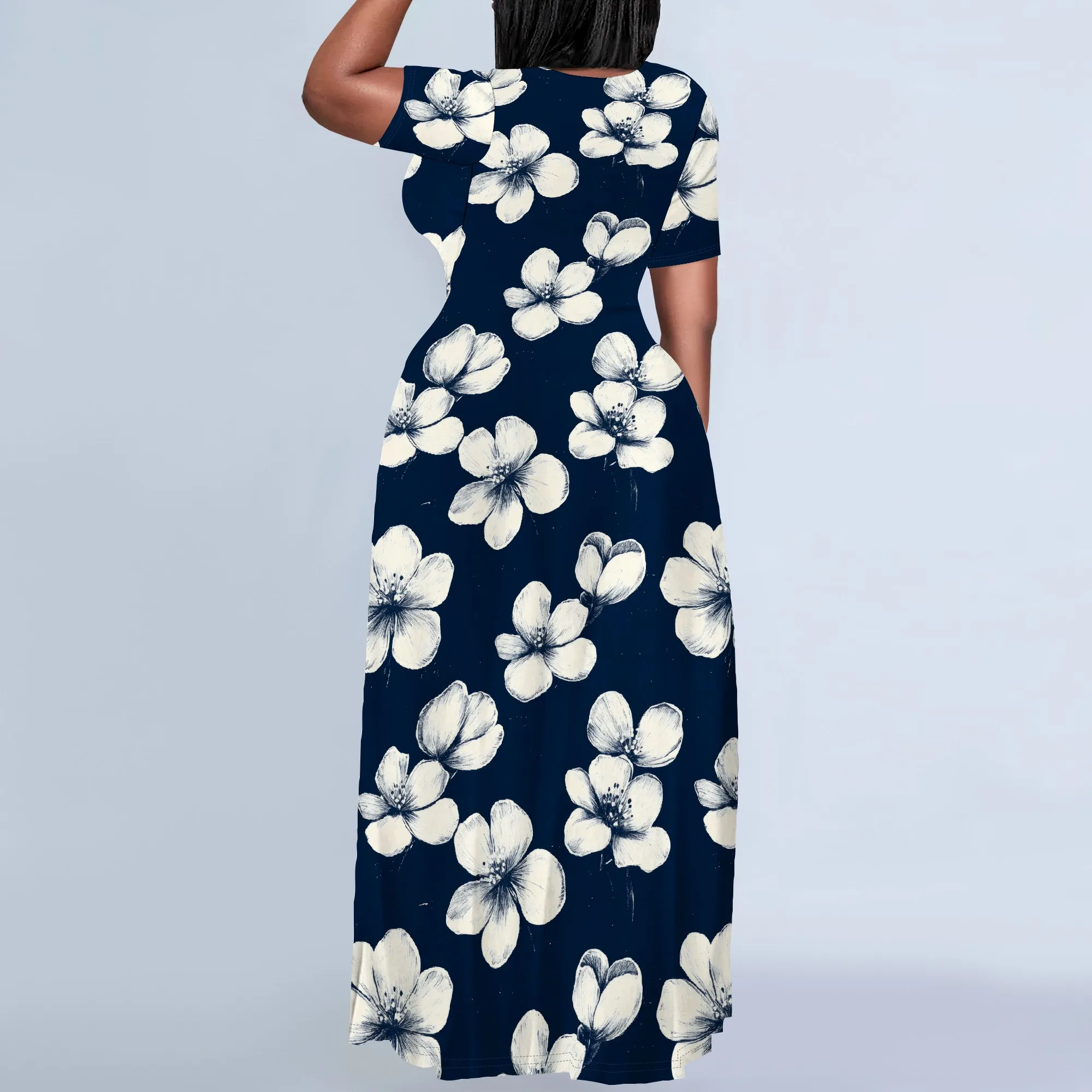 Plus Size Black White Floral Line Print Maxi Dress for Women Casual Graphic Long Dress with Sleeves
