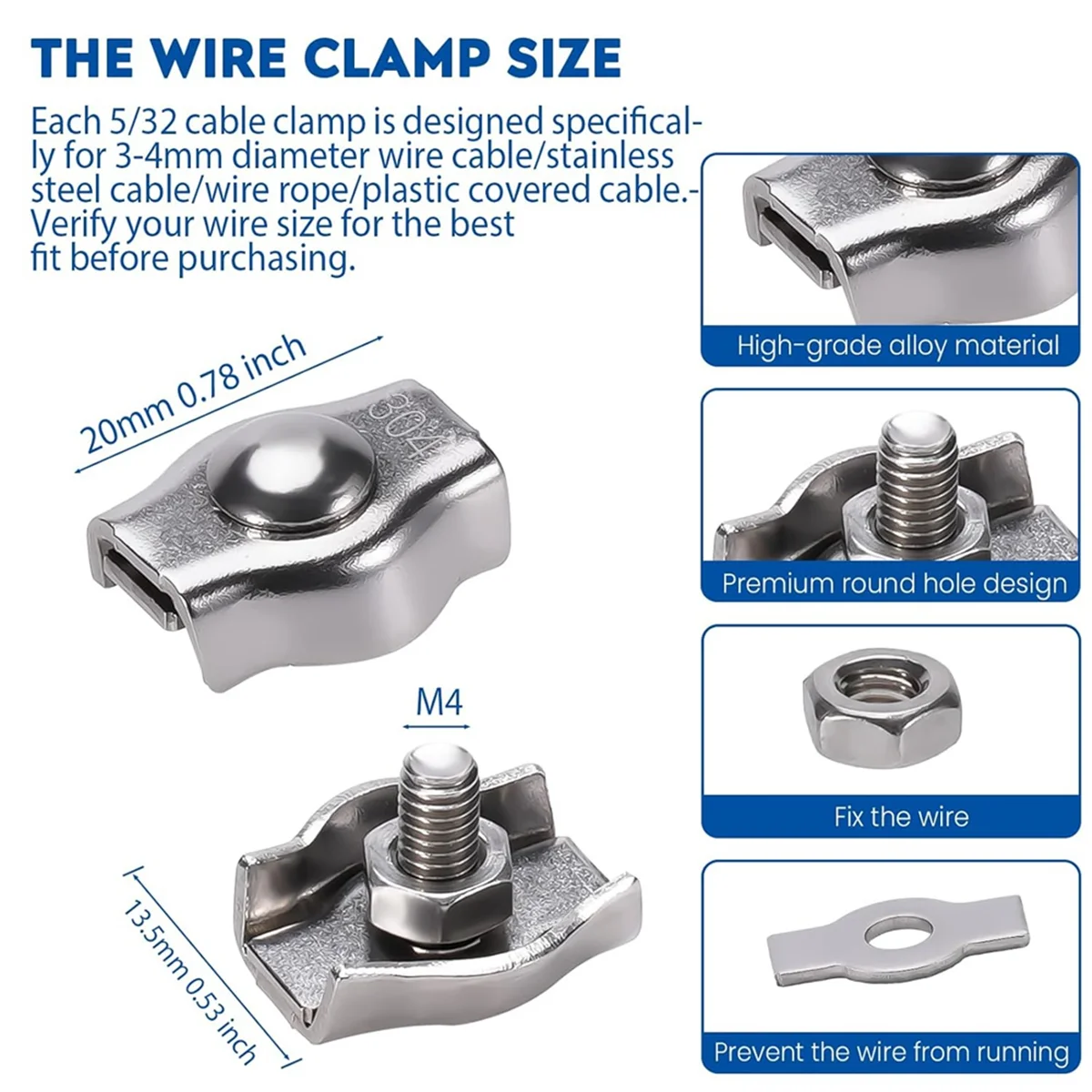 AAA87 20 шт. 5/32 дюйма зажим для троса из нержавеющей стали, симплексные одинарные зажимы для троса для троса 5/32 дюйма