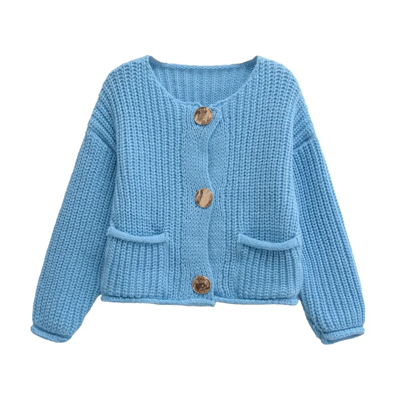 

Women's New Arrival Light Blue Knitted Cardigan Big Button Pocket Design Casual Loose Fit Fashion Top