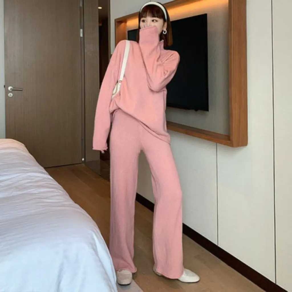 

Женский свитер с воротником и трикотажными брюками в европейском стиле, свободный крой, вьющийся трикотаж, осенне-зимняя новая коллекция