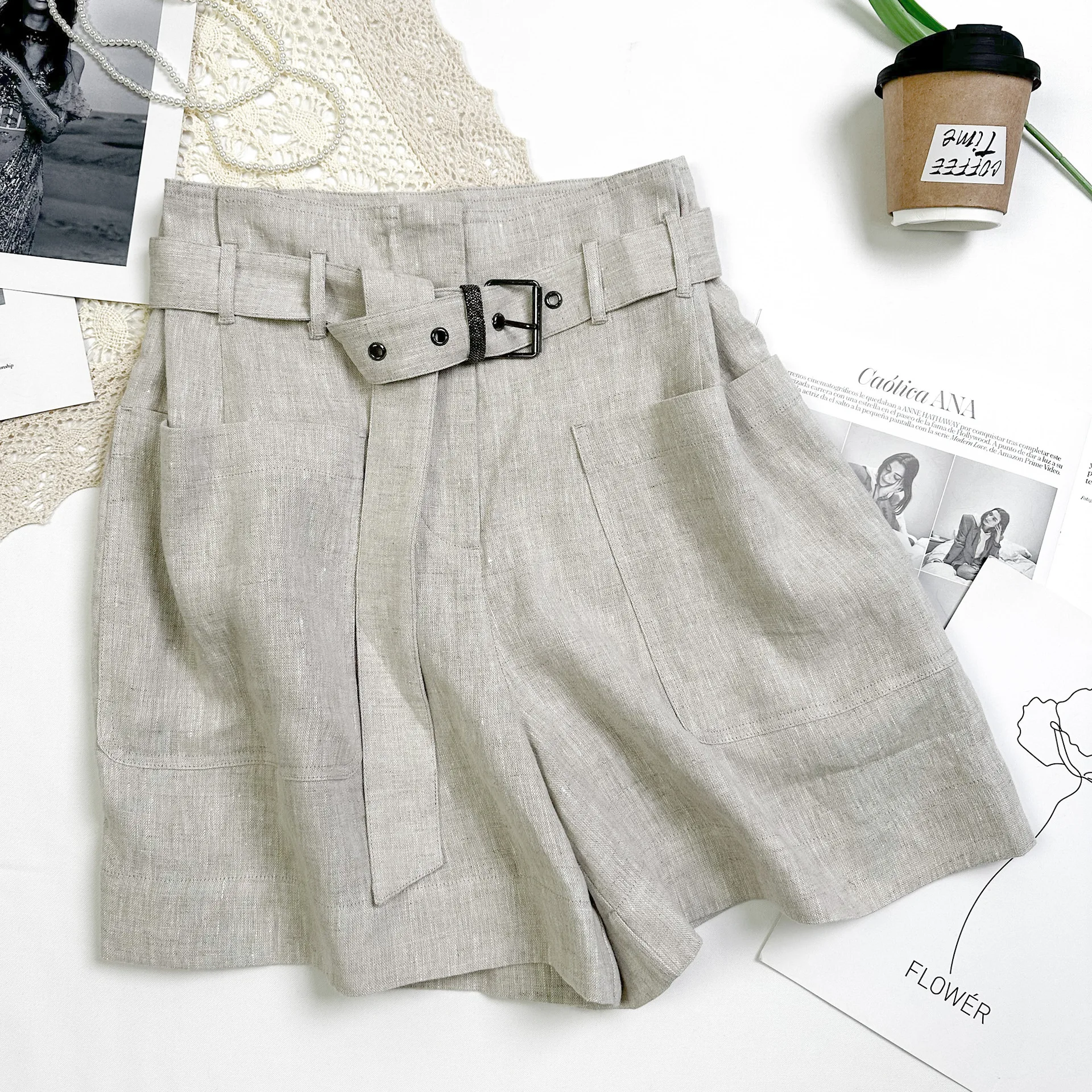 Calções de terno de linho feminino moda casual grânulo corrente cinto all-match shorts