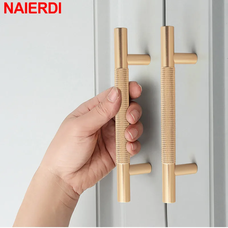 

NAIERDI Copper Gold Furniture Handles Aluminium Alloy T-Bar Knurled Shiny Cabinet Handles Drawer Knobs Wardrobe Door Pulls