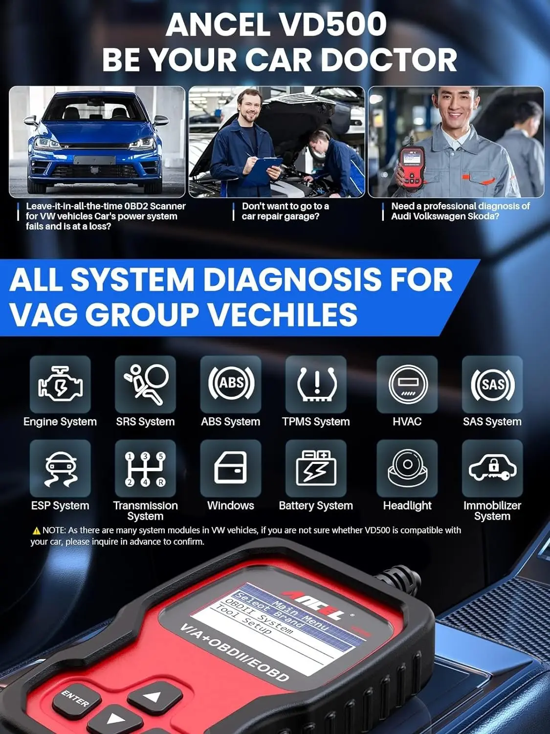 Ancel VD500 OBD2 Automotive Scanner Code Reader Full System Diagnostic Tools Engine Check EPB ABS Oil Reset For VAG VW Audi Skod