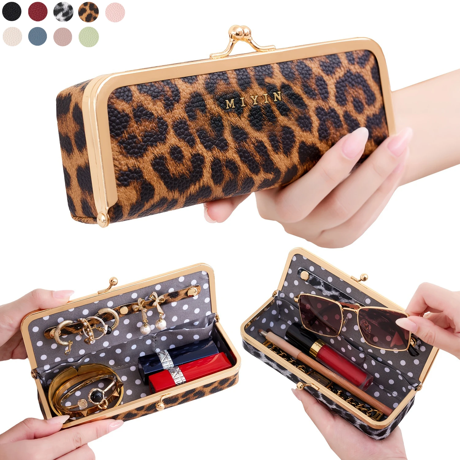 MIYIN Leopard PrintWomens Kiss Lock JewelryOrganizer Multifunctional Glasses Case Travel EssentialLipstick and CosmeticOrganizer