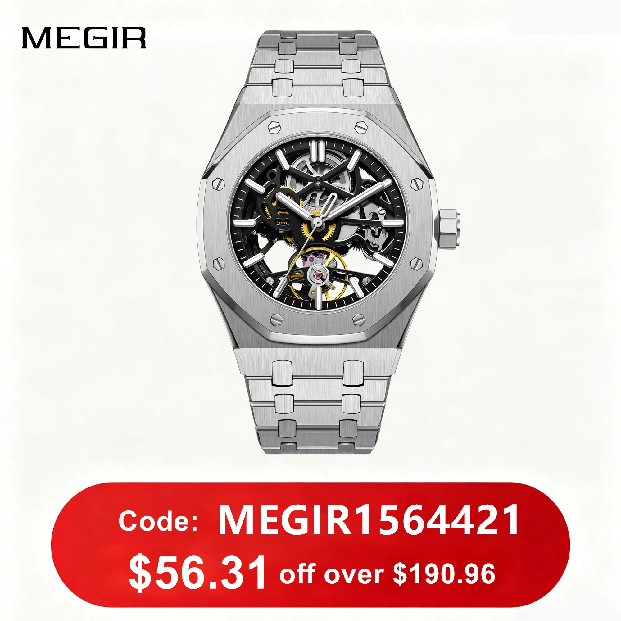 

MEGIR Luxury Mechanical Watch for Men Waterproof Automatic Movement Holllowed Dial Men's Wrist Watches Stainless Steel 9005-4