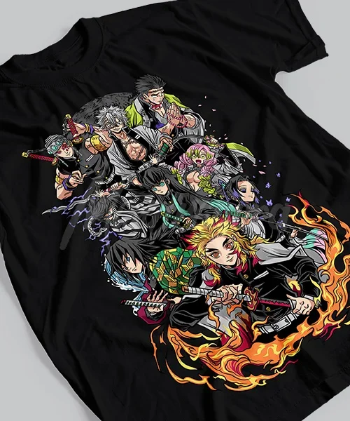 Camiseta unisex Demon Slayer personajes en combate Pilares y Ex pilares Cotton anime T-shirt
