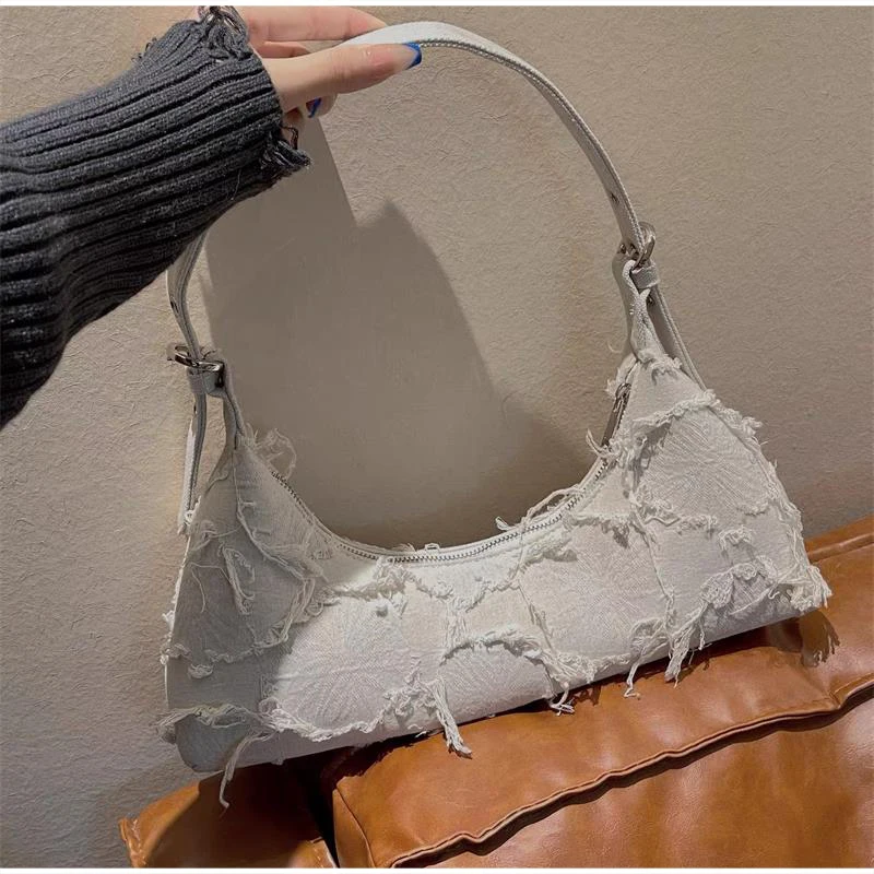 

Retro Linen Canvas Shoulder Bag Minimalist Patchwork Tassel Dumpling Shaped Handbag Elegant Exquisite Large Capacity Armpit Bag