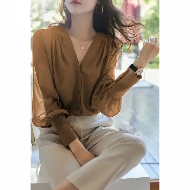 Spring Autumn Solid Color Elegant Fashion Shirt Women Long Sleeve French Ruffled V-neck Chiffon Blouses Female Office Lady Tops