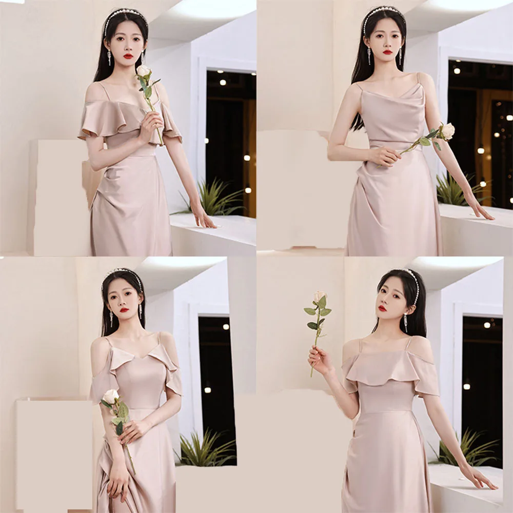 Sukienka dla druhen w jednolitym kolorze, elegancka, z falbanami, z odkrytymi ramionami, rozcięciem, falbankami w kształcie płatków, linia A, na wesele, vestido.