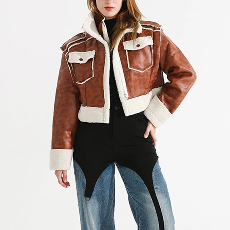 

Vintage Fleece Lambswool Coat Brown Lapel Long Sleeve Motorcycle Tops Glamorous Leather Stitching Women Coat New Design In Stock