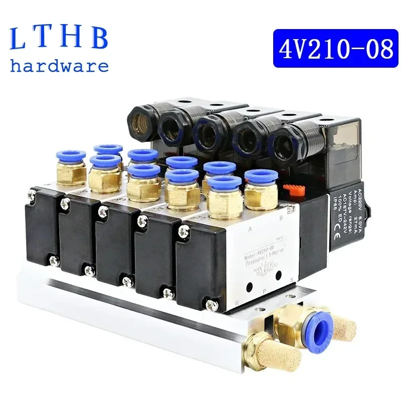 Pneumatic Solenoid Valve 12/24V DC 110/220V AC Multi Option 4V210-08 Block with Muffler Fitting Multi-way Combination 2/3/4 Way