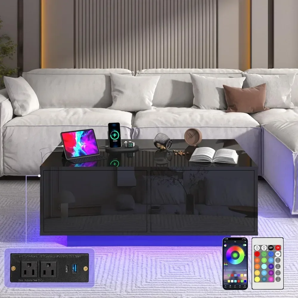 LED Coffee Table with Storage Drawers,Modern High Glossy Center Table with 20 Colors LED Lights for Living Room