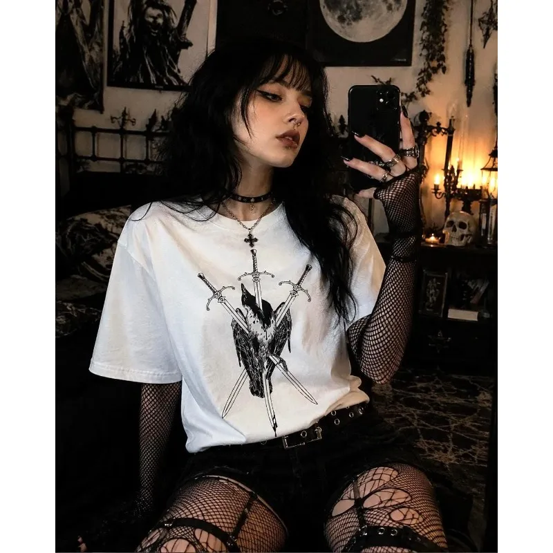 Gothic Sword Pattern Shirt, Avant-garde Punk Style T-shirt, Dark Aesthetic Clothing, Unisex Trendy Aesthetic Y2K T-shirt