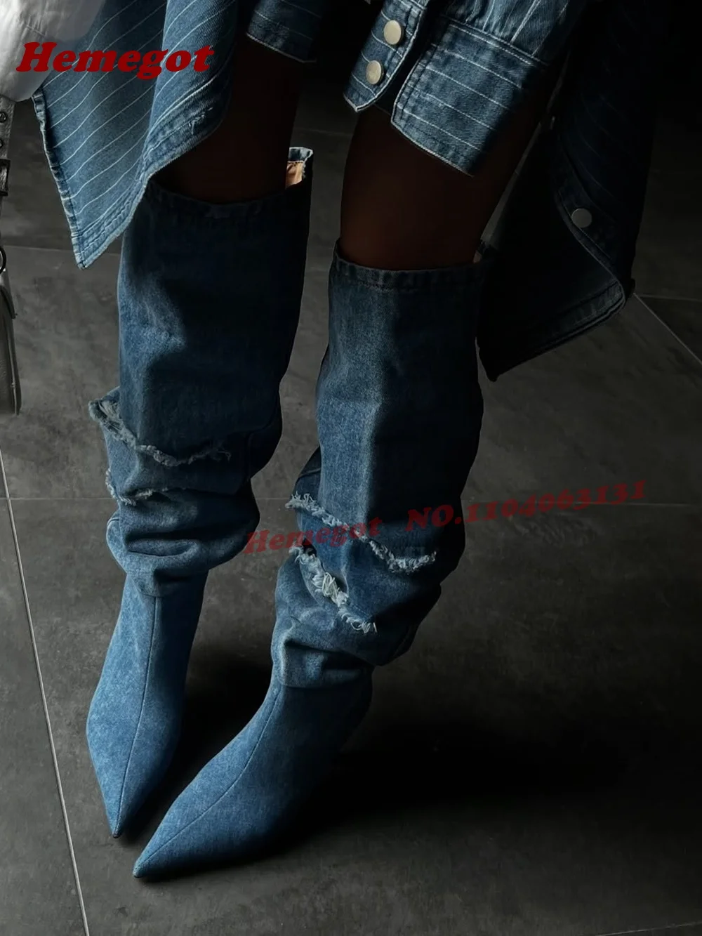 Denim Fringe Pleated Knee High Boots Pointed Toe Stiletto High Heels Women's Long Boots Winter Patchwork Casual Shoes 2026 New view 2