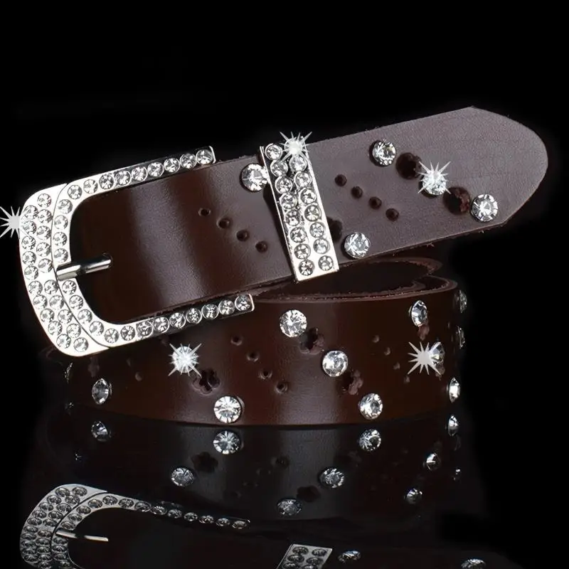 YK2 Leather Button Closure Women's Waist Belt with Fashion Leopard Print and Rhinestone Trim. Width: 3.3cm. Length: 110cm.